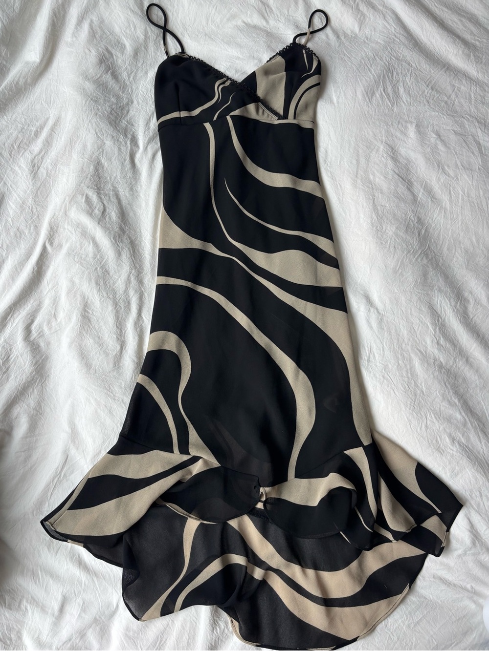 Y2K Abstract Swirl Maxi Dress Black Cream Asymmetrical Ruffle Hem